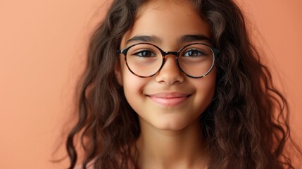 Obraz premium Young girl with curly hair and glasses smiling against a warm orange background.