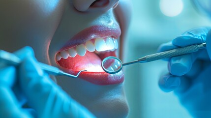 Close-up of a dental examination with a patient smiling while a dentist performs a check-up in the clinic.