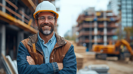 A contractor in construction smiles confidently. He is standing with his arms folded in front of a building in construction. Generative AI. - obrazy, fototapety, plakaty