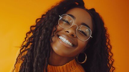 A joyful woman with glasses curly hair and a warm smile wearing a cozy orange sweater set against a vibrant orange background.