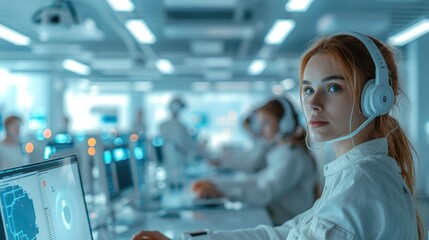 Call center with futuristic design with human AI assisted employees, showcasing the next generation of customer service. Generative AI.