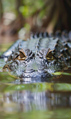 Fototapeta premium An alligator lurks in the water, only its head and eyes above the surface.