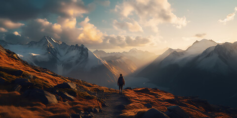 Hiker with a backpack on the trail in the mountains. 3d rendering