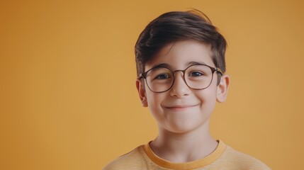 Young boy with glasses smiling against yellow background.