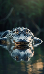 Fototapeta premium An alligator lurks in the water, only its head and eyes above the surface.