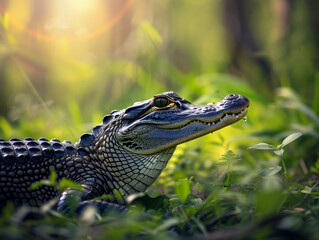 Fototapeta premium Dangerous alligator sneaking through a tall grass.