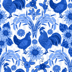 Hand drawn chicken and rooster. Rural background. Organic poultry farm. Cartoon birds, wheat, sunflower. Seamless pattern with domestic birds or farm poultry.