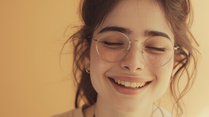 Fototapeta premium Young woman with glasses closed eyes and a radiant smile set against a warm blurred background.