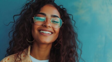 A young woman with curly hair wearing glasses smiling and looking to the side against a blue background. - 733775494