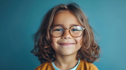 Fototapeta premium Smiling child with glasses curly hair and a yellow shirt against a blue background.