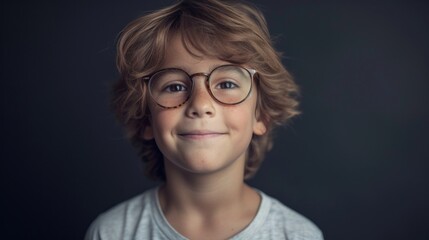 A young boy with curly hair and glasses smiling at the camera.