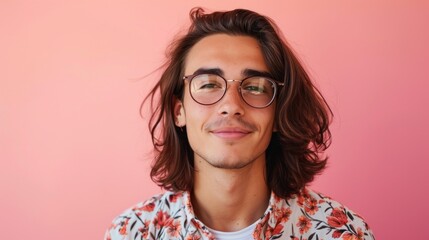 Obraz premium Young man with long hair and glasses wearing a floral shirt smiling against a pink background.