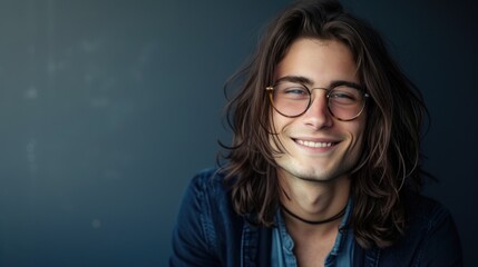 Young man with long brown hair wearing glasses and a blue shirt smiling against a blue background. - Powered by Adobe