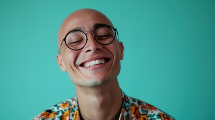Smiling bald man with glasses and patterned shirt. - 733775652