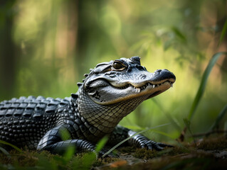 Obraz premium Dangerous alligator patiently waiting on a river bank.