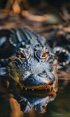 Close-up of an alligator with a fierce gaze, resting by the water's edge.