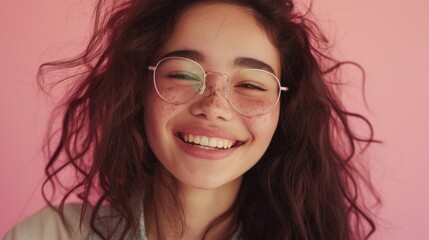 Obraz premium Smiling woman with glasses and freckles against pink background.