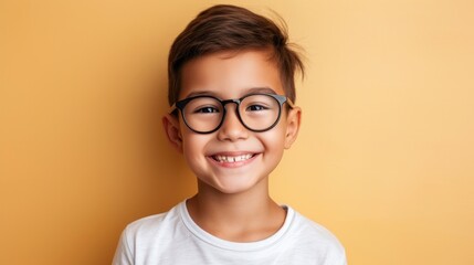 Young boy with glasses smiling against a yellow backgrou nd.