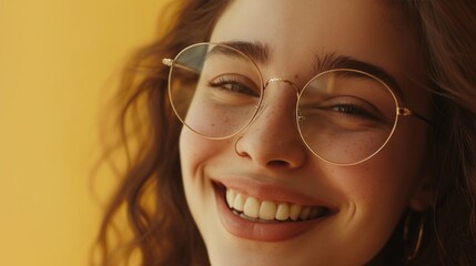 Obraz premium A young woman with a radiant smile wearing round glasses and a yellow top set against a warm blurred background.