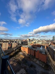 Aerial view of Manchester skyline with modern buildings and landmarks. Manchester England. 