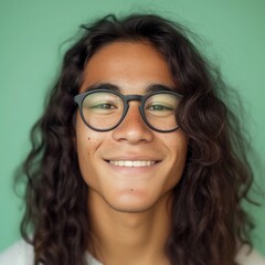 Young man with curly hair and glasses smiling against a green background.