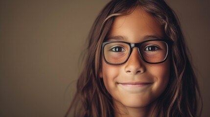 Young girl with glasses smiling looking directly at the camera with a soft warm expression.