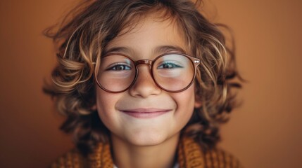 Young child with curly hair and glasses smiling at the camera.