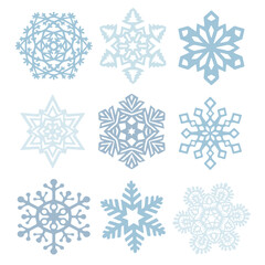 Snowflakes are blue. A set of vector snowflake icons with a flat line design.