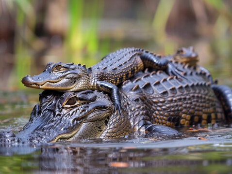 Alligator with a baby resting closely in the swamp, with a perfect water reflection.