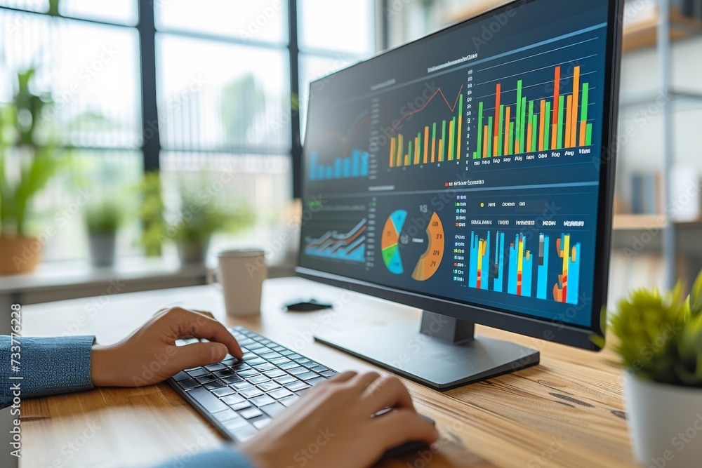 Poster unrecognisable business person using desktop pc with graphs and charts on screen