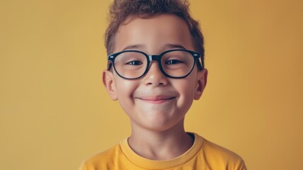 Young boy with glasses and a smile, wearing a yellow shirt, against a yellow background.