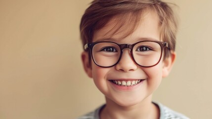 Smiling young boy with glasses and short brown hair against a beige background.
