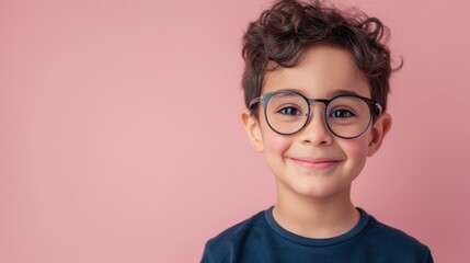 Young boy with curly hair wearing glasses smiling against a pink background.