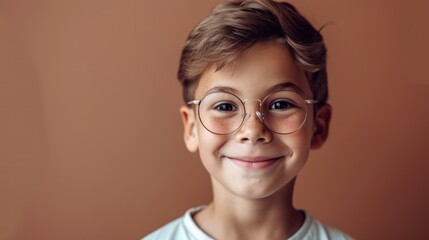 Young boy with glasses smiling at camera against warm-toned background.