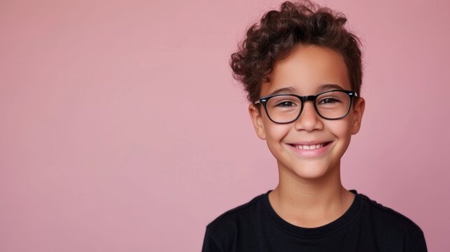 Young boy with curly hair wearing glasses smiling against a pink background.