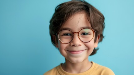 A young child with a joyful expression wearing round glasses and a yellow shirt against a blue background.