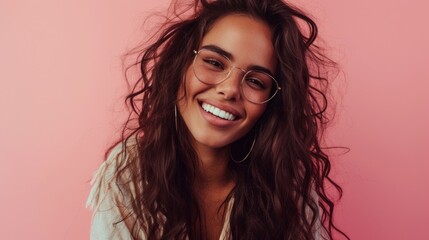 A young woman with curly hair and glasses smiling against a pink background.
