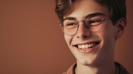 Young man with glasses smiling against a warm brown background.