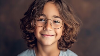 Young child with curly hair and glasses smiling at the camera.