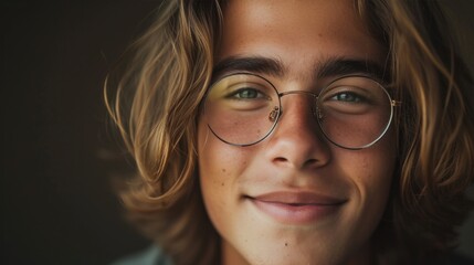 A young person with long wavy hair and glasses smiling gently at the camera.