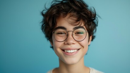 Obraz premium Young person with curly hair wearing glasses smiling against a blue background.