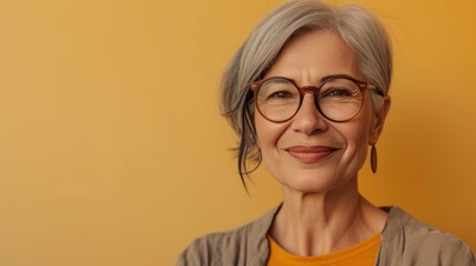 A smiling woman with gray hair wearing glasses and an orange top against a yellow background. - 733776621