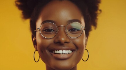 A smiling woman with curly hair wearing round glasses and hoop earrings set against a yellow background. - Powered by Adobe