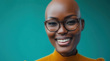 Smiling bald woman with glasses and orange top against teal background.