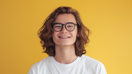 Fototapeta premium A young person with long curly hair wearing glasses and a white t-shirt smiling against a yellow background.