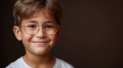 A young boy with glasses smiling at the camera against a blurred background.
