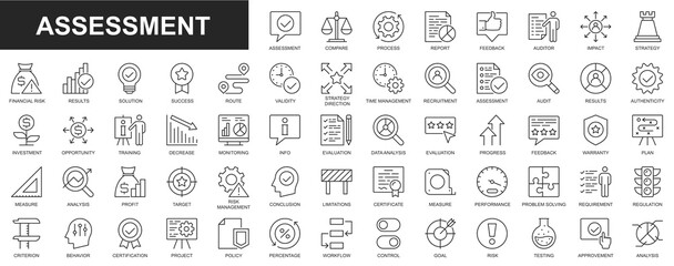 Fototapeta na wymiar Assessment web icons set in thin line design. Pack of process, report, feedback, auditor, solution, strategy, time management, decrease, result, data analysis, other. Outline stroke pictograms