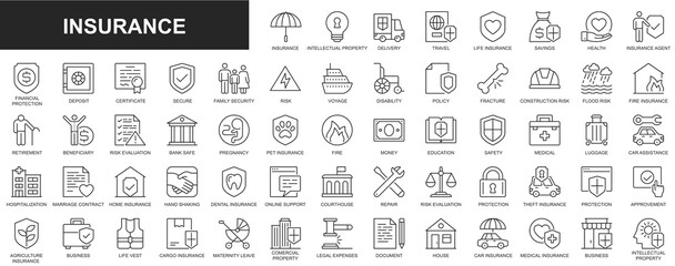 Insurance web icons set in thin line design. Pack of intellectual property, travel, life, savings, health, financial protection, deposit, certificate secure, other. Outline stroke pictograms