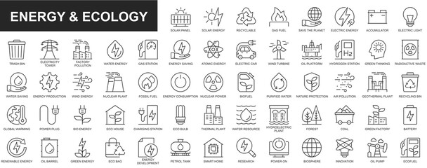 Fototapeta na wymiar Energy and ecology web icons set in thin line design. Pack of solar panel, recyclable, gas fuel, save planet, accumulator, trash bin, factory pollution, eco and other. Outline stroke pictograms