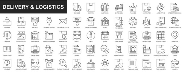 Fototapeta na wymiar Delivery and logistics web icons set in thin line design. Pack of express, air ship, order processing, courier, payment, parcel protection, warehouse, cargo and other. Outline stroke pictograms